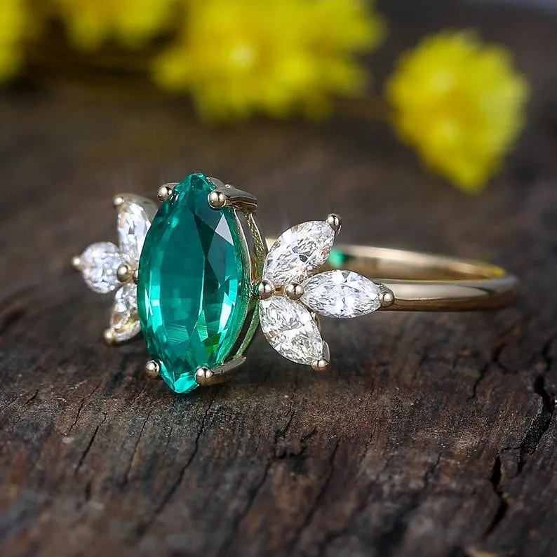 Vintage Marquise Fiony Emerald Cluster Diamond Engagement Ring