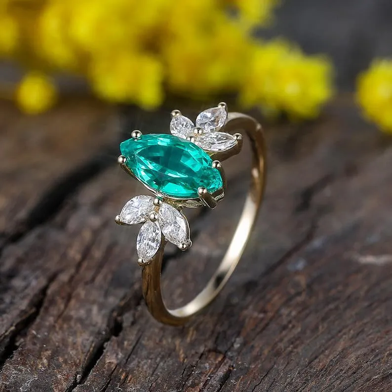 Vintage Marquise Fiony Emerald Cluster Diamond Engagement Ring