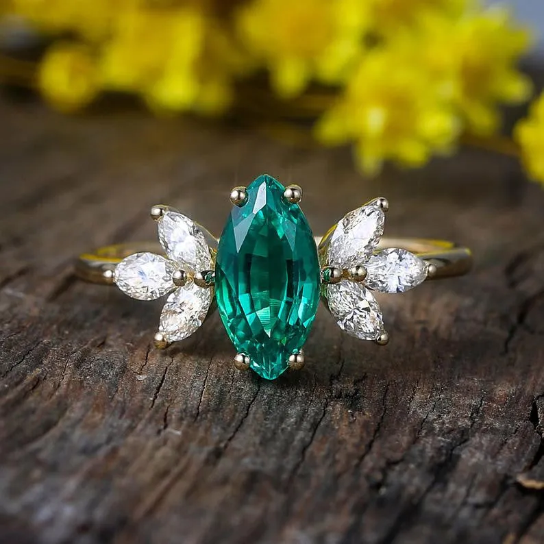 Vintage Marquise Fiony Emerald Cluster Diamond Engagement Ring