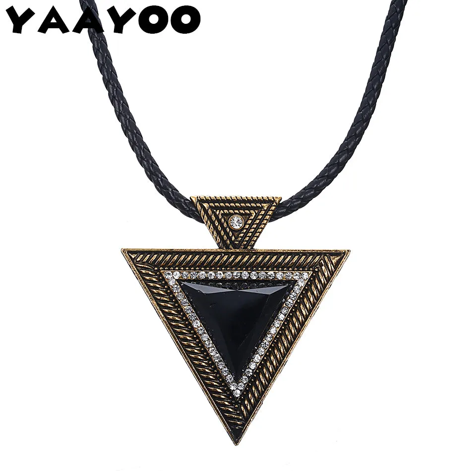 YAAYOO Vintage Jewelry Maxi Big Triangle Pendants Leather Chain Resin Crystal Statement Necklace For Lady Gifts NL065